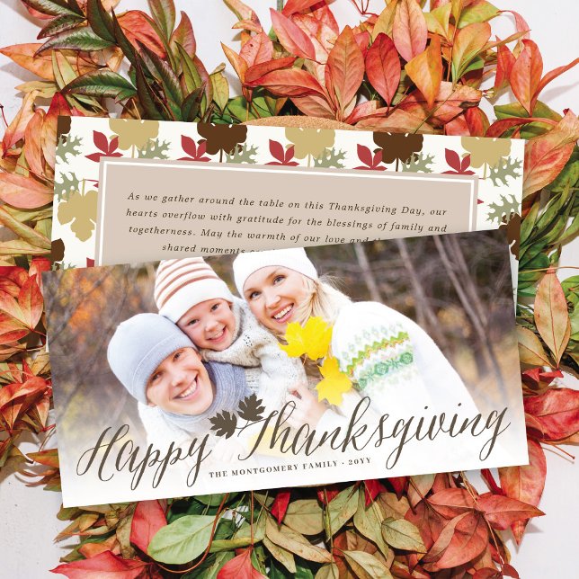Thanksgiving Brown Fall Leaves Simple Script Photo Holiday Card (Creator Uploaded)