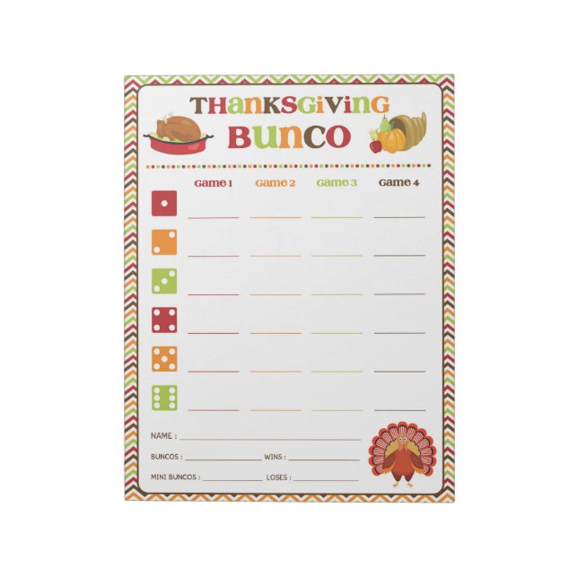 Thanksgiving Bunco Party Game Score Card Notepad (Rotated)