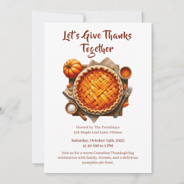 Thanksgiving Canada | Cosy Pumpkin Pie Gathering Invitation (Front)