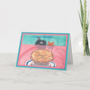 Thanksgiving card, dog & cat planning a pie heist holiday card