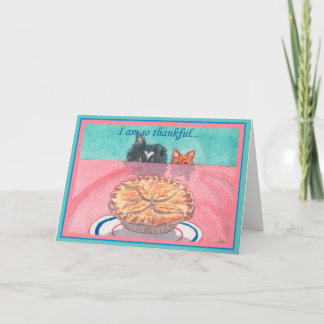 Thanksgiving card, dog & cat planning a pie heist holiday card