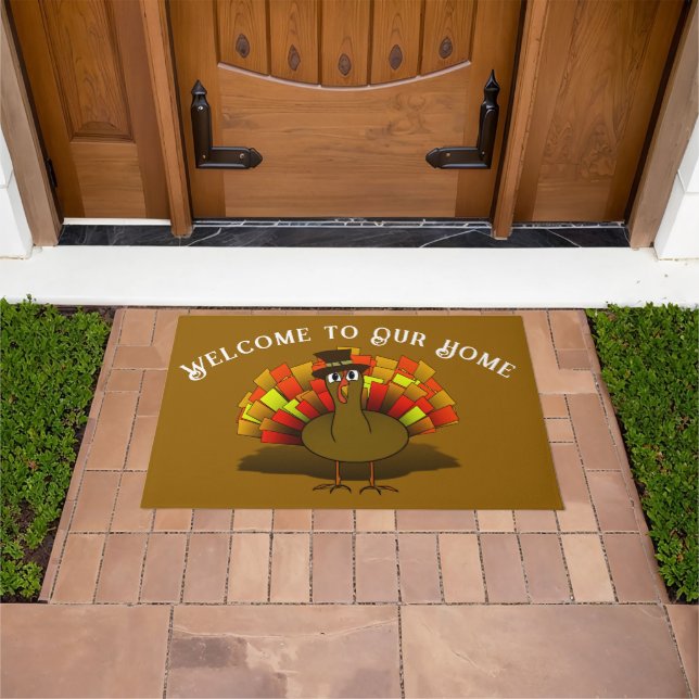 Thanksgiving Cartoon Turkey Pilgrim Doormat (Outdoor)
