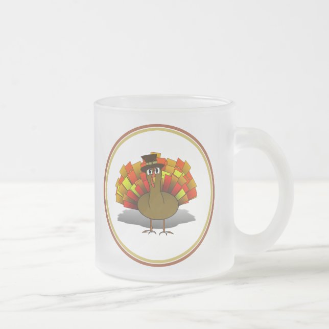 Thanksgiving Cartoon Turkey Pilgrim Frosted Glass Coffee Mug (Right)