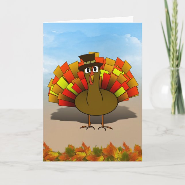 Thanksgiving Cartoon Turkey Pilgrim Holiday Card (Front)