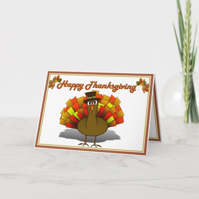 Thanksgiving Cartoon Turkey Pilgrim Holiday Card (Front)
