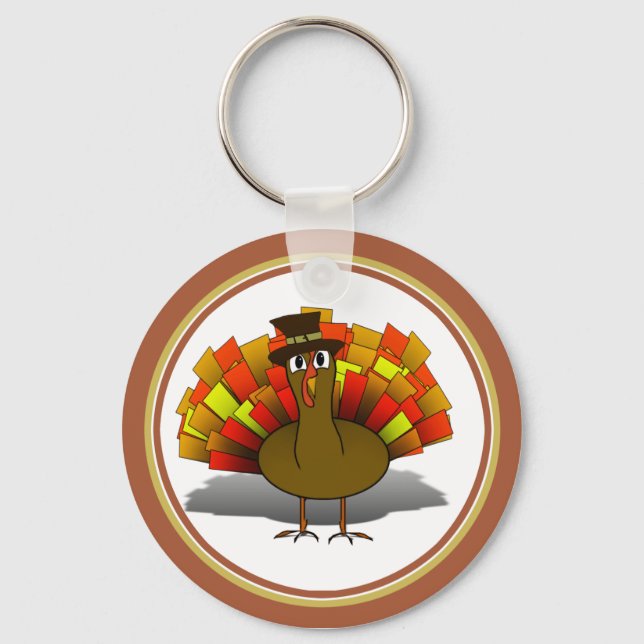 Thanksgiving Cartoon Turkey Pilgrim Key Ring (Front)