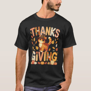 Thanksgiving Cat Cute Pilgrim Fall Leaves Colourfu T-Shirt
