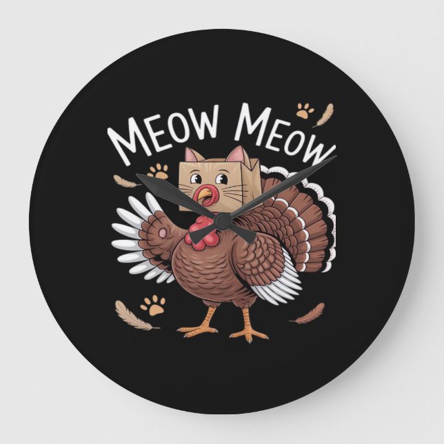 Thanksgiving Cat Funny Fake Cat Meow Thanksgiving  Large Clock (Front)