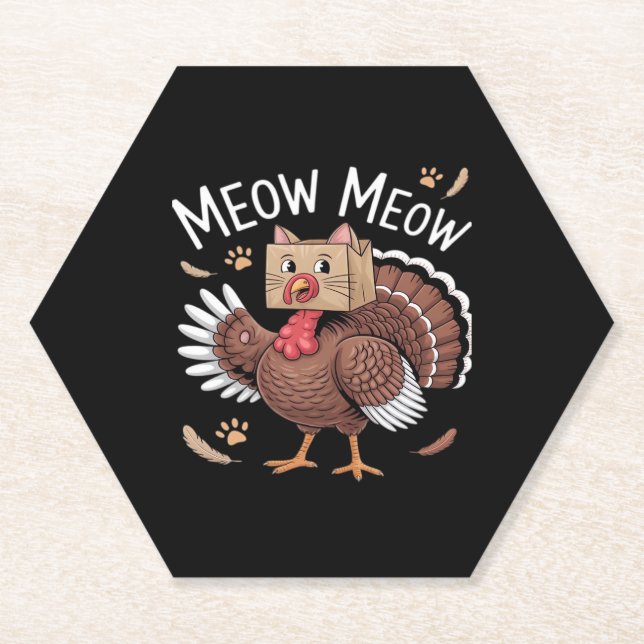Thanksgiving Cat Funny Fake Cat Meow Thanksgiving  Paper Coaster (Front)