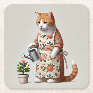 Thanksgiving Cat with Fall Flowers Paper Plates Square Paper Coaster