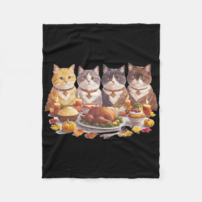 Thanksgiving Cats Dinner Feast Vintage Fall  Fleece Blanket (Front)