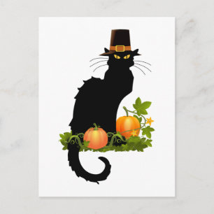 Thanksgiving Chat Noir with Turkey Holiday Postcard