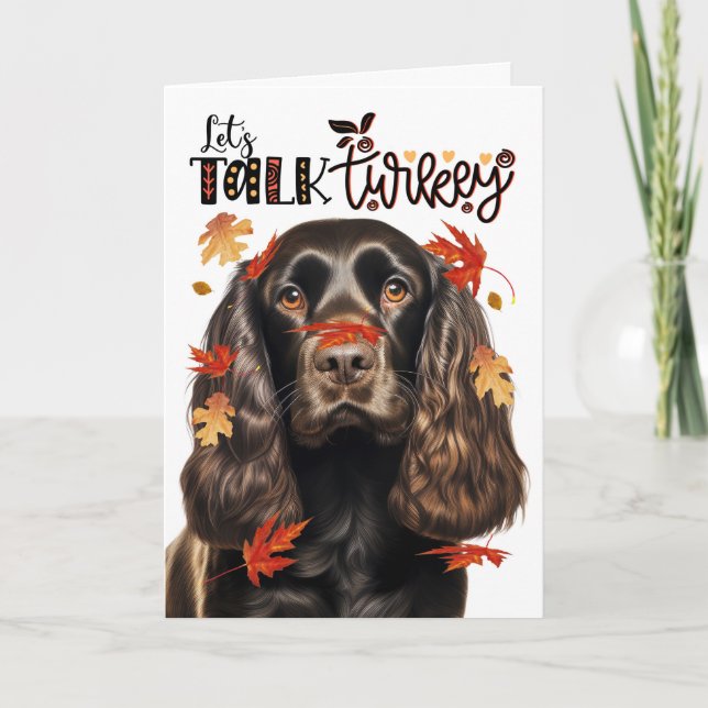 Thanksgiving Chocolate Cocker Let's Talk Turkey Holiday Card (Front)