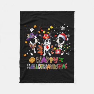 Thanksgiving Christmas Boston Terrier Dog Hallotha Fleece Blanket