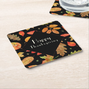 Thanksgiving Colourful Fall Leaves Black Backgroun Square Paper Coaster