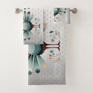 Thanksgiving Colourful Turkey Golden Stars Silver Bath Towel Set