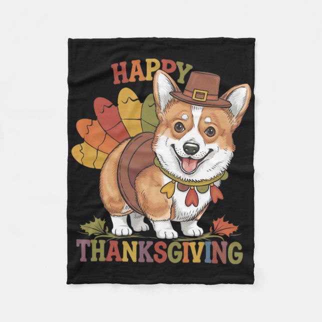 Thanksgiving Corgi Dog Turkey  Fleece Blanket (Front)