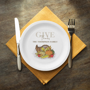 Thanksgiving Cornucopia Elegant Give Thanks Autumn Paper Plate