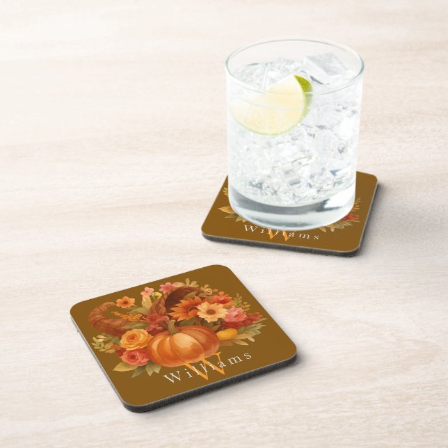 Thanksgiving Cornucopia Monogram Coaster (Right Side)