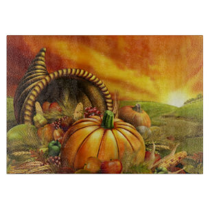 Thanksgiving cornucopia pumpkin field cutting board