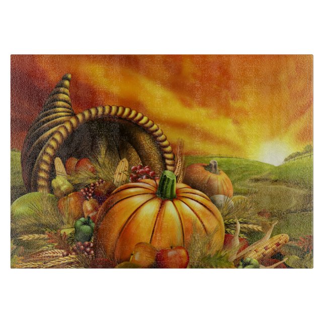 Thanksgiving cornucopia pumpkin field cutting board (Front)