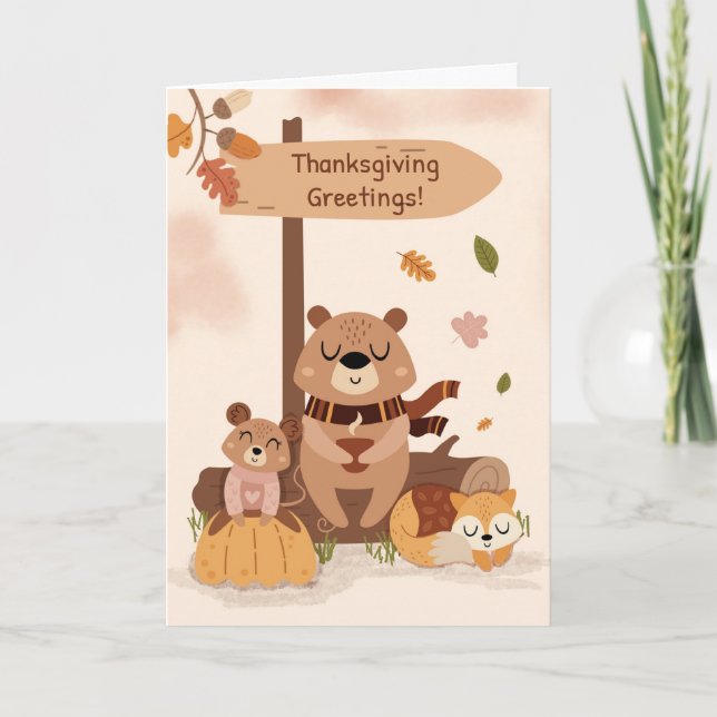 Thanksgiving Cosy Woodland Animal Scene Pumpkin Card (Front)