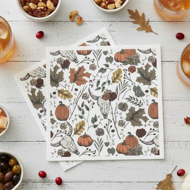 Thanksgiving Cow Skull Fall Harvest Napkin (Elegant Fall Cow Skulls Thanksgiving Paper Napkins. Unique Rustic Harvest Pumpkins & Autumn Leaves)