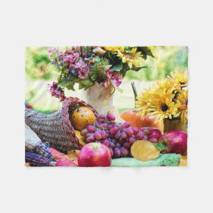 Thanksgiving Cronucopia with Fruits and Flowers Fleece Blanket