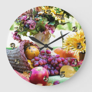Thanksgiving Cronucopia with Fruits and Flowers Large Clock