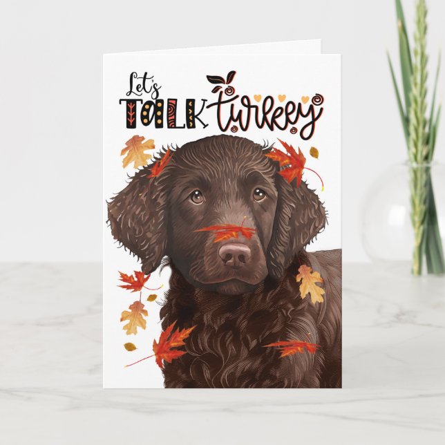 Thanksgiving Curly Retriever Let's Talk Turkey Holiday Card (Front)