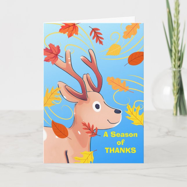 Thanksgiving Cute Baby Deer with Autumn Leaves Card (Front)