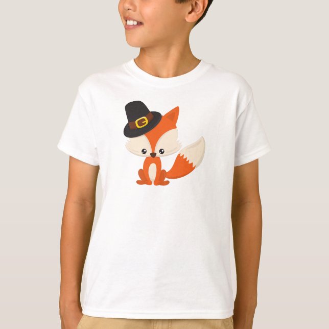 Thanksgiving, Cute Fox, Pilgrim Fox, Pilgrim Hat T-Shirt (Front)