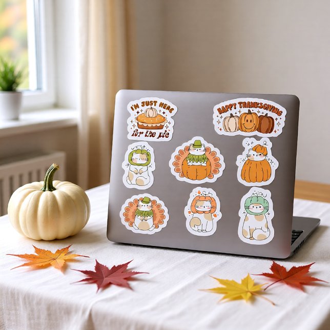 Thanksgiving Cute Kawaii Cats -  stickers (Cute Kawaii Thanksgiving Cats Pumpkin Pie Autumn Sticker)