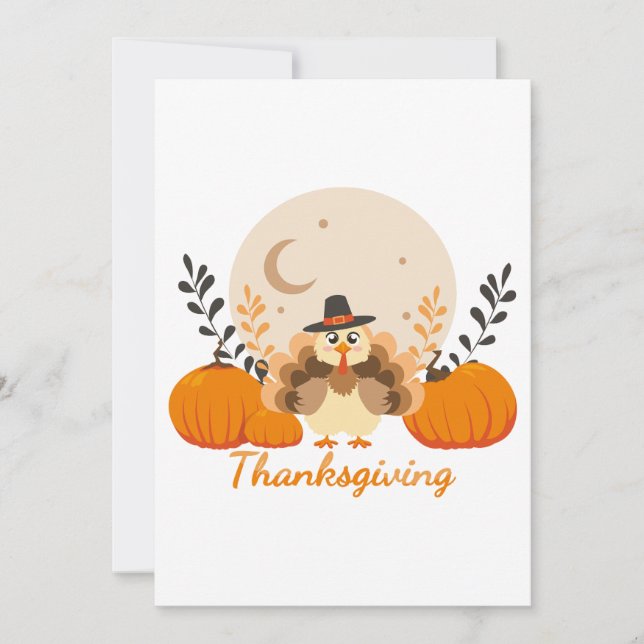 Thanksgiving Cute Turkey Pumpkin Moon Holiday Card (Front)