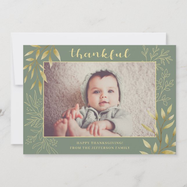 Thanksgiving Cute Watercolor Line Art Green Photo Holiday Card (Front)