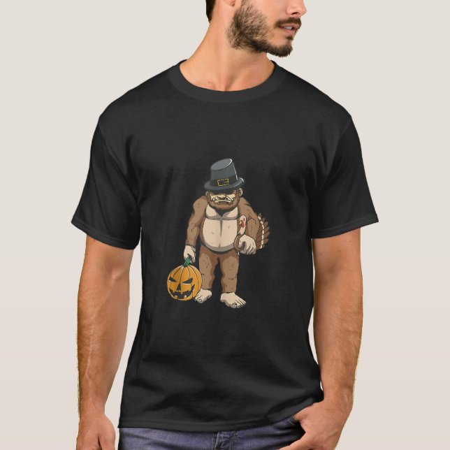 Thanksgiving Day Bigfoot Pilgrim Turkey Pumpkin Fo T-Shirt (Front)