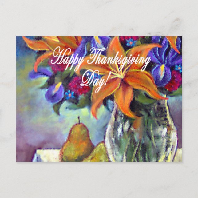 Thanksgiving Day Flowers & Pears Painting - Multi Holiday Postcard (Front)