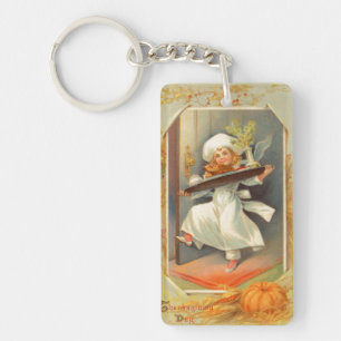 Thanksgiving Day Girl Chef Vintage Keychain
