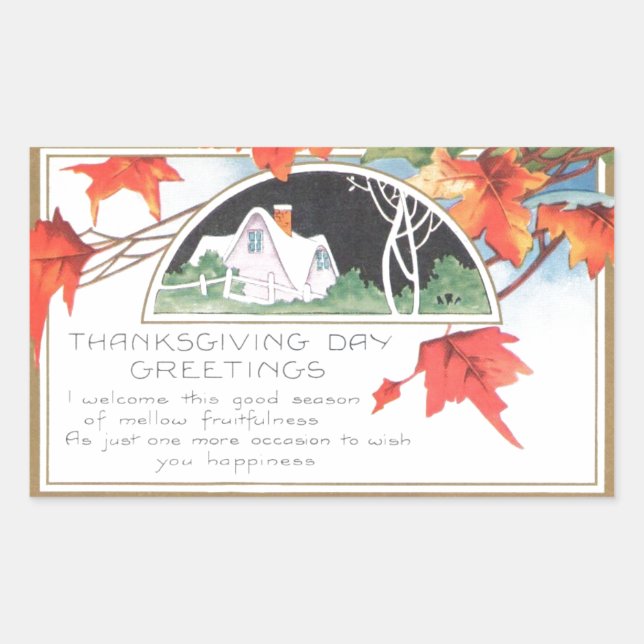 Thanksgiving Day Greetings Pink House Vintage Rectangular Sticker (Front)
