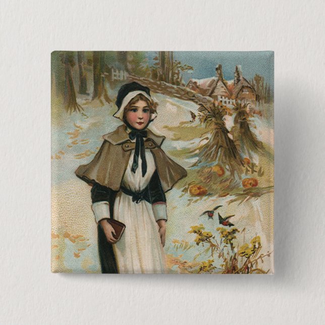 Thanksgiving Day Greetings with a Pilgrim Woman 15 Cm Square Badge (Front)