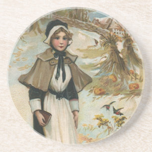 Thanksgiving Day Greetings with a Pilgrim Woman Coaster