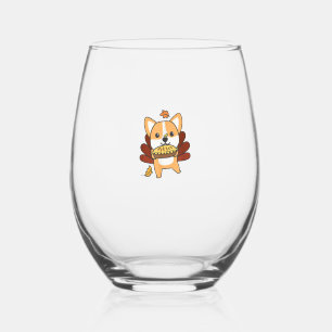 Thanksgiving Day Outfits Turkey Corgi With Applepi Stemless Wine Glass