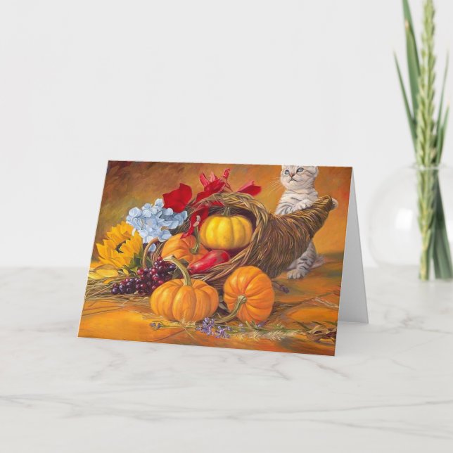 Thanksgiving day pumpkins with cat holiday card (Front)
