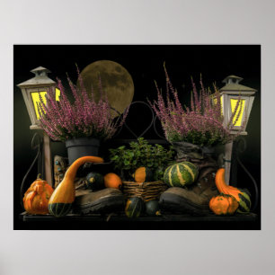 Thanksgiving Day Scene With Bench and Fall Harvest Poster