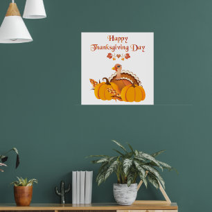 Thanksgiving day turkey with pumpkins poster