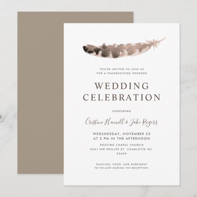 Thanksgiving Day Weekend Wedding Turkey's Feather Invitation (Front/Back)