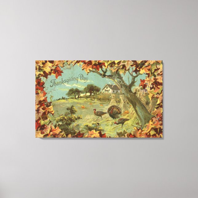 Thanksgiving DayFallen Leaves and Turkeys Canvas Print (Front)
