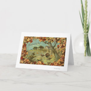 Thanksgiving DayFallen Leaves and Turkeys Holiday Card