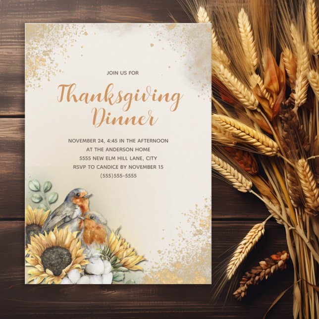 Thanksgiving Dinner Autumn Birds Sunflowers Invitation (Sunflowers and bird Thanksgiving Dinner invitation)