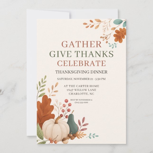 Thanksgiving Dinner Autumn Botanical Pumpkin Invitation (Front)